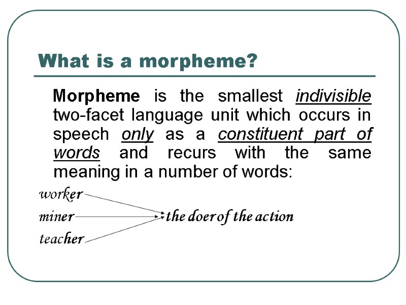 What is a morpheme?    Morpheme is the smallest indivisible two-facet language